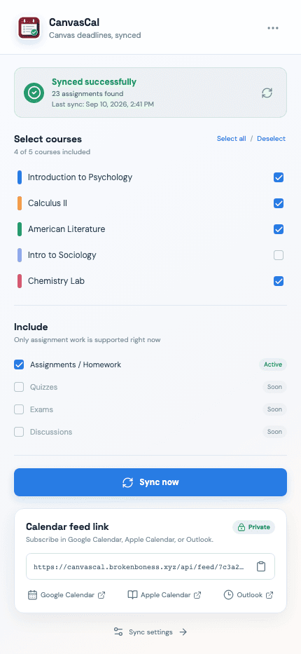 Dashboard showing selected courses, a sync button, and a private calendar feed link