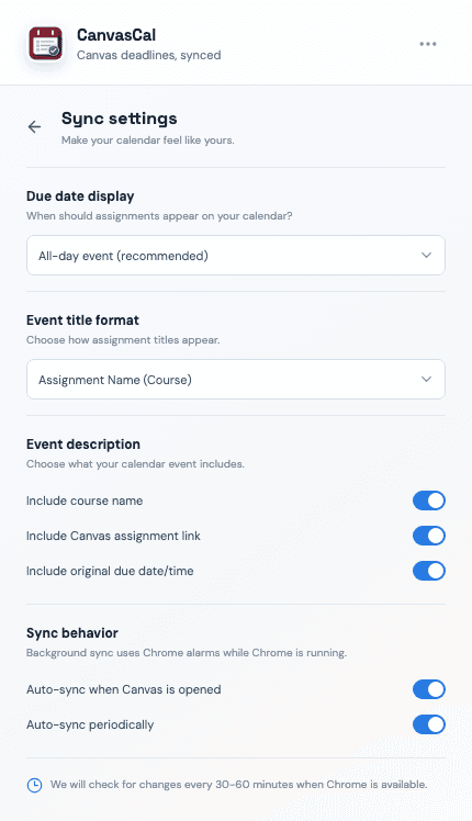 Sync settings screen with due date display, title format, and description options