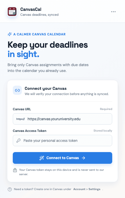 Connect your Canvas screen, asking for a Canvas URL and personal access token